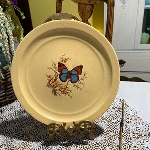 Vintage Butterfly Plater pottery Cream with Blue and Red Accents